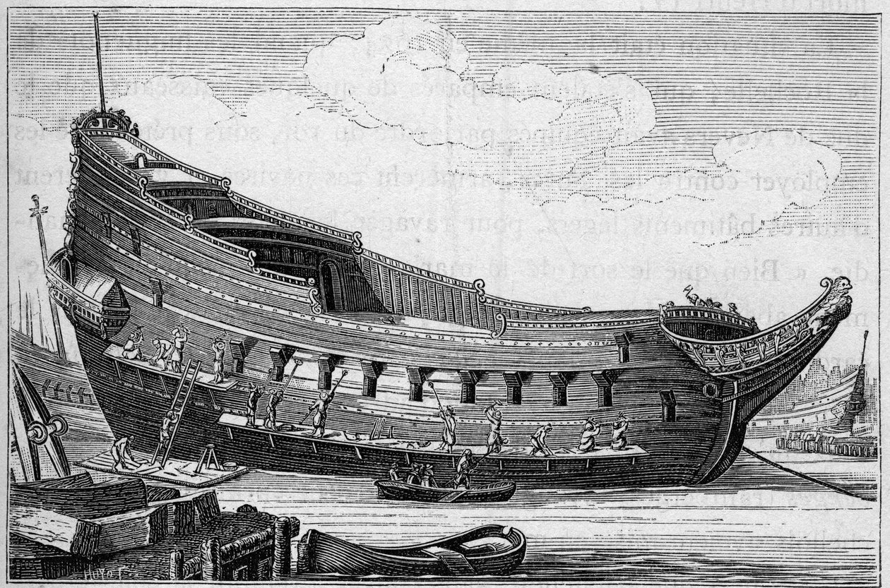 Suuren laivan runko 1600-luvulla. Kaiverrus kirjaan "La Marine et les colonies: commerce" tekijältä French School