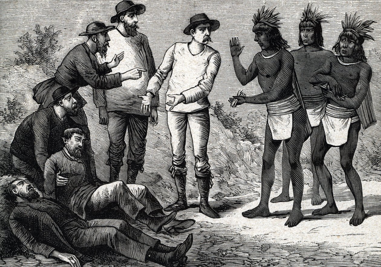 Perun asukkaat auttamaan malariasta kärsiviä siirtomaaeurooppalaisia Cinchonalla (kaiverrus) 1888 tekijältä French School
