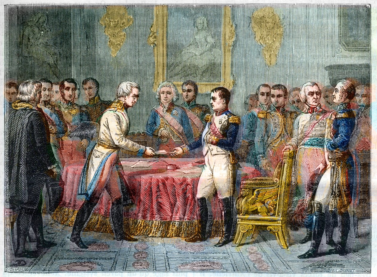 Erfurtin haastattelu, 27. syyskuuta - 14. lokakuuta 1808 - Napoleon I vastaanottaa paroni Vincentin, itävaltalaisen diplomaatin ja Itävallan keisarin Aleksanteri I:n Venäjän lähettilään oikealla (1777-1825) - Prinssien konventti Erfurtissa 27. syyskuuta 18 tekijältä French School