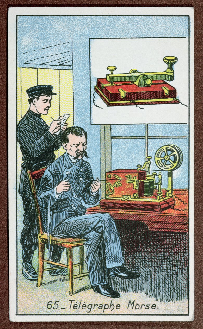 Morsekoodilla varustetun lennätyksen keksintö, numero 65 suuria keksintöjä kuvaavien korttien sarjassa, n. 1910 tekijältä French School