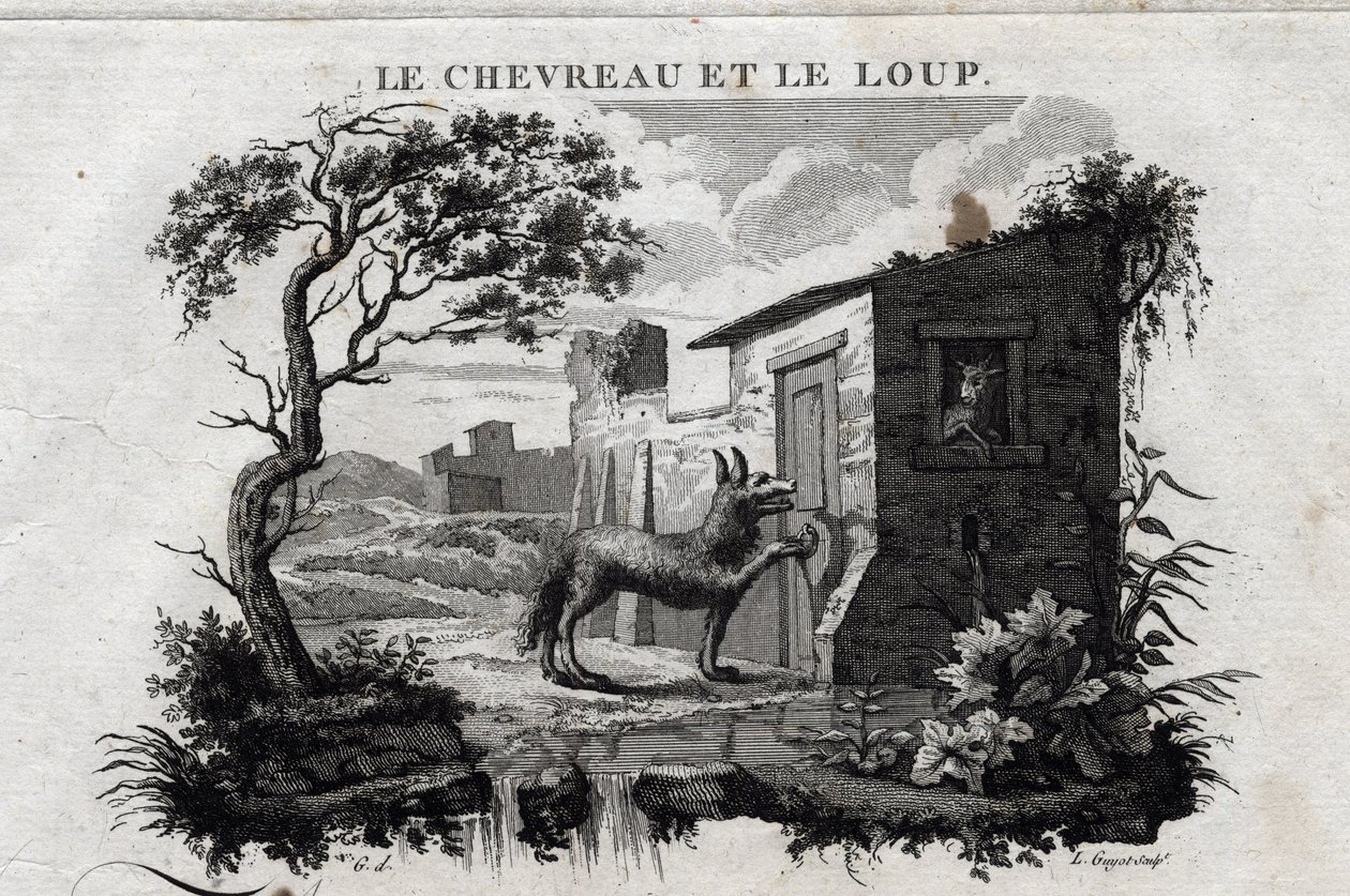 Lapsi ja susi. Fable of Esope. (Kreikkalainen kirjailija Esopo tai Ecopus, 6. vuosisata eKr.) Kirjoittanut Guillaume Montfort ja Gravees Beauble vuonna 1801. tekijältä French School