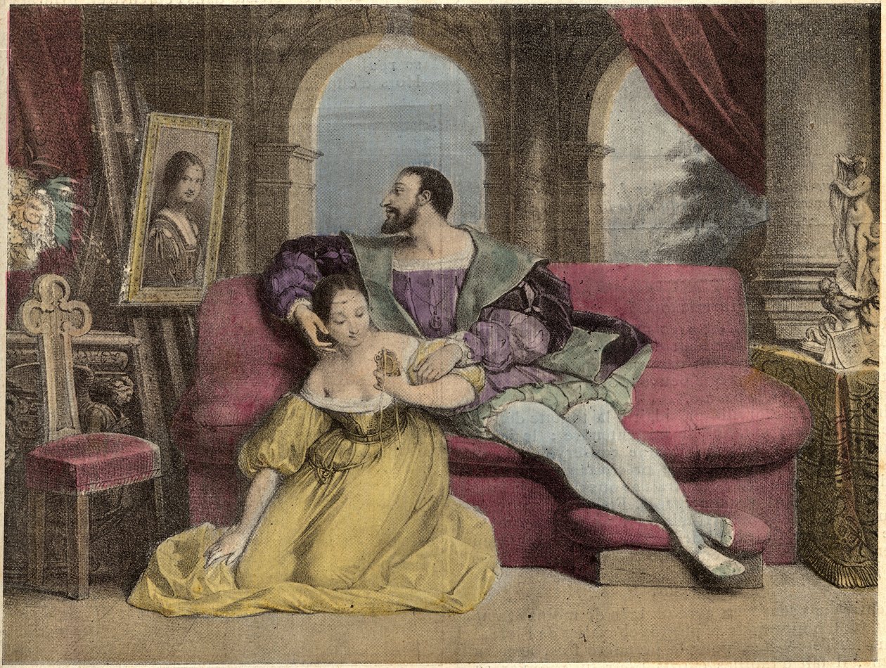 Ranskan kuningas Francois I (1494-1547) ja kauniit rautatyöt. Daverian litografia vuodelta 1838 teoksessa "" Laughs Et Galanterie"". Viikoittainen Galantes-kuvien kokoelma John Grand-Carteret