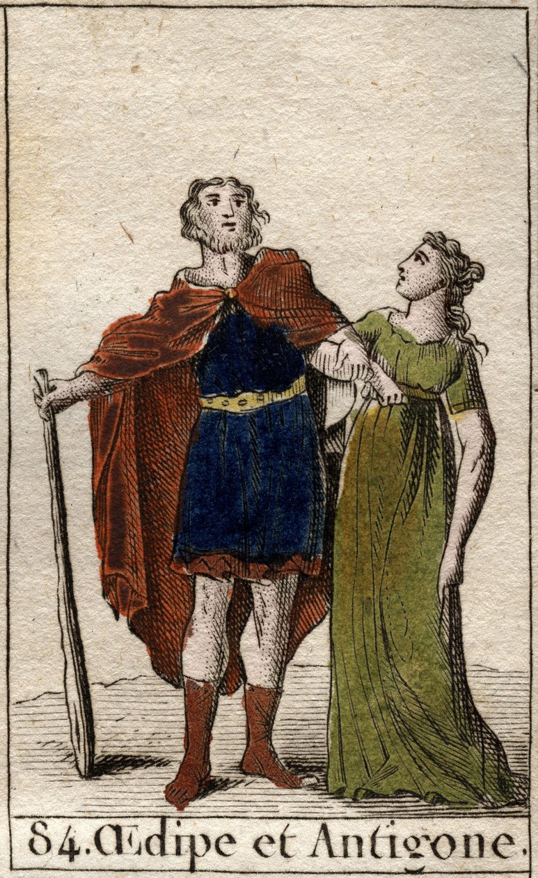 Theban kuningas Oidipus tyttärensä Antigonen kanssa Pierre Blanchardin teoksesta Mythologie de la jeunesse 1803. tekijältä French School