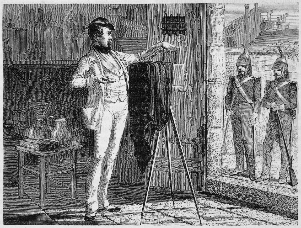 Niepce de Saint-Victorin laboratorio faubourg Saint-Martinin kunnanvartijan kasarmin poliisihuoneessa vuonna 1848 - Louis Figuierin teoksessa "Tieteen ihmeet". tekijältä French School