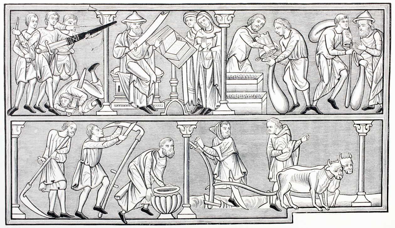 Sodan, tieteen, kaupan ja maatalouden työt 1200-luvun psalterin pienoiskuvan jälkeen Les Arts au Moyen Agesta, julkaistu 1873 tekijältä French School