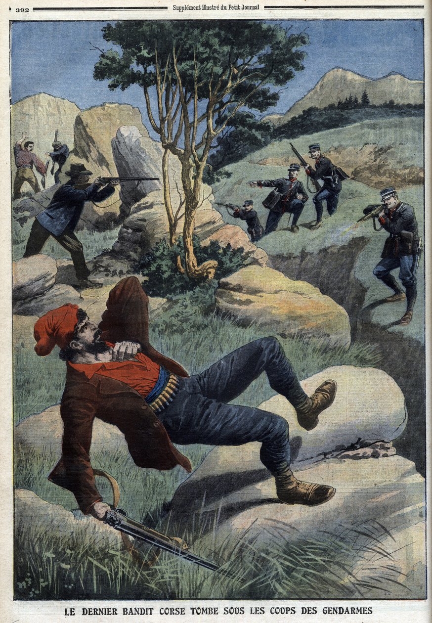 Viimeinen korsikan rosvo joutuu santarmien iskujen alle: ”Le Petit Journal”, 5. joulukuuta 1909 (kaiverrus) tekijältä French School