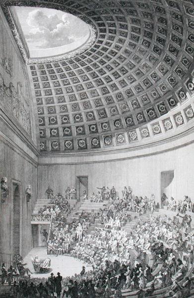 Luentoteatteri, joka on mallinnettu Rooman Pantheonin mukaan teoksesta "Pariisin kirurgian koulun kuvaus", julkaistu 1780 (kaiverrus) tekijältä French School
