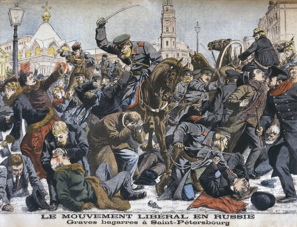 Liberaaliliike Venäjällä, väkivaltaiset tappelut Pietarissa, kuvitus Le Petit Journalista: Supplement illustre, 25. joulukuuta 1904 tekijältä French School