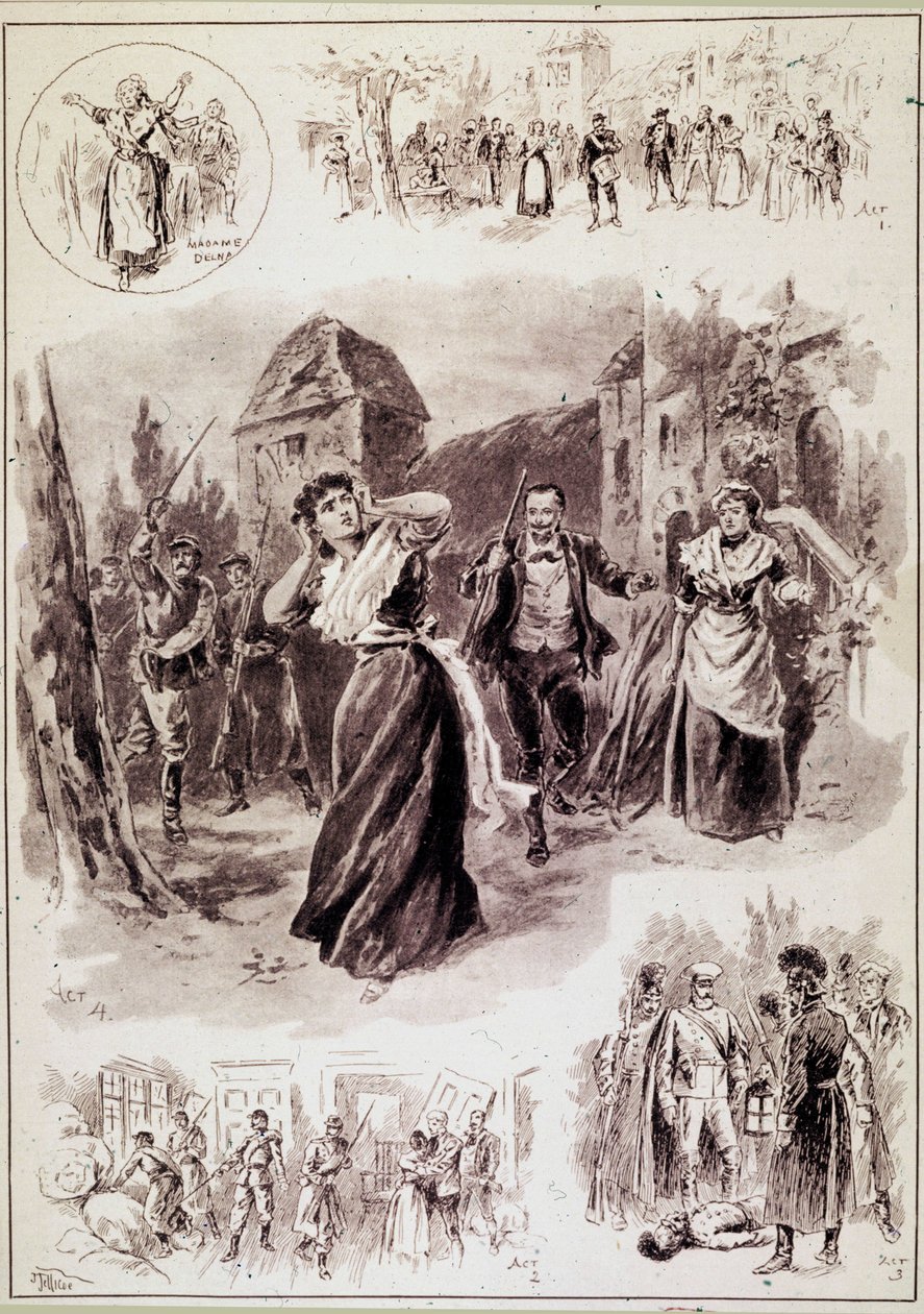 Pääkuvitus kuvaa kohtausta: ”Kuuli kyynel, seurasi erillisiä iskuja. Vapinan kiihottamana Francoise oli nostanut kätensä korvilleen.”” Emile Zolan (1840-1902) neljän näytöksen lyyriseen draamaan ”L