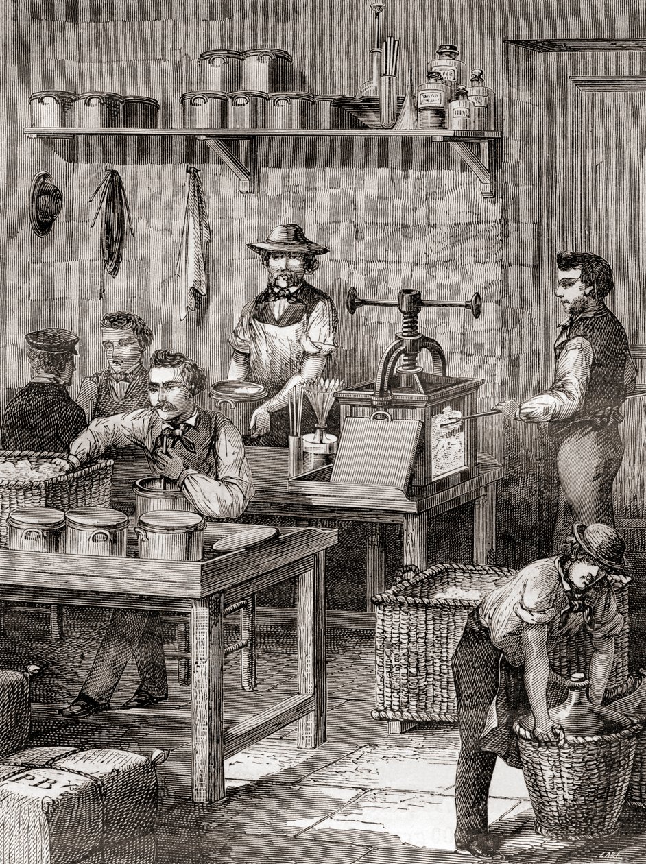 Asepuuvillan valmistus 1800-luvulla, Les Merveilles de la Science, julkaistu n. 1870 (kaiverrus) tekijältä French School
