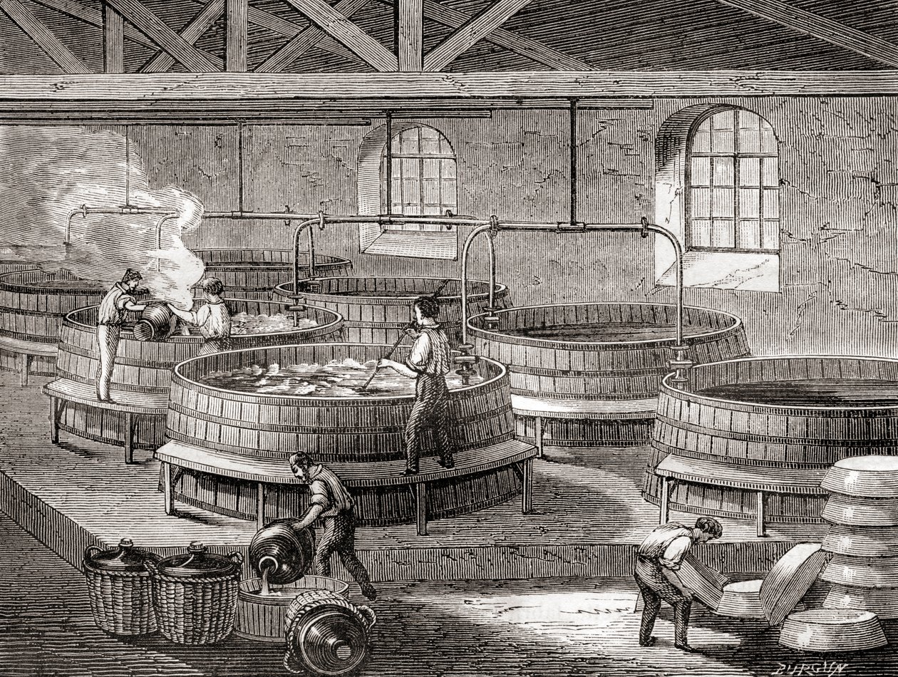 Saippuan valmistus suurissa säiliöissä 1800-luvulla, julkaisusta "Les Merveilles de la Science", julkaistu noin vuonna 1870 (kaiverrus). tekijältä French School