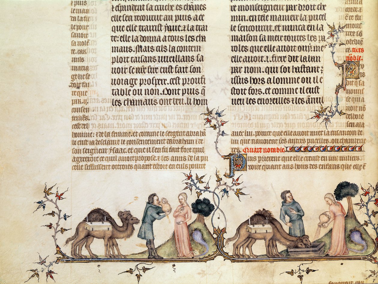 Eliezerin ja Rebeccan tapaaminen kaivolla, Jean de Syn Raamatusta, n. 1355 tekijältä French School