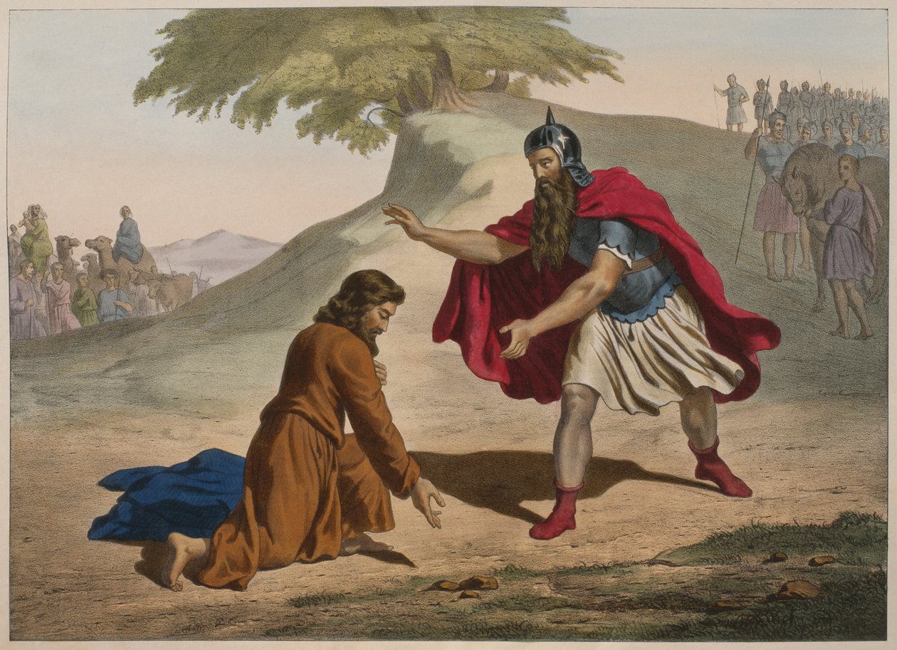 Jaakobin ja Esaun tapaaminen, kuvitus katekismuksesta LHistoire Sainte, julkaisija Charles Delagrave, Pariisi, 1800-luvun loppu tekijältä French School