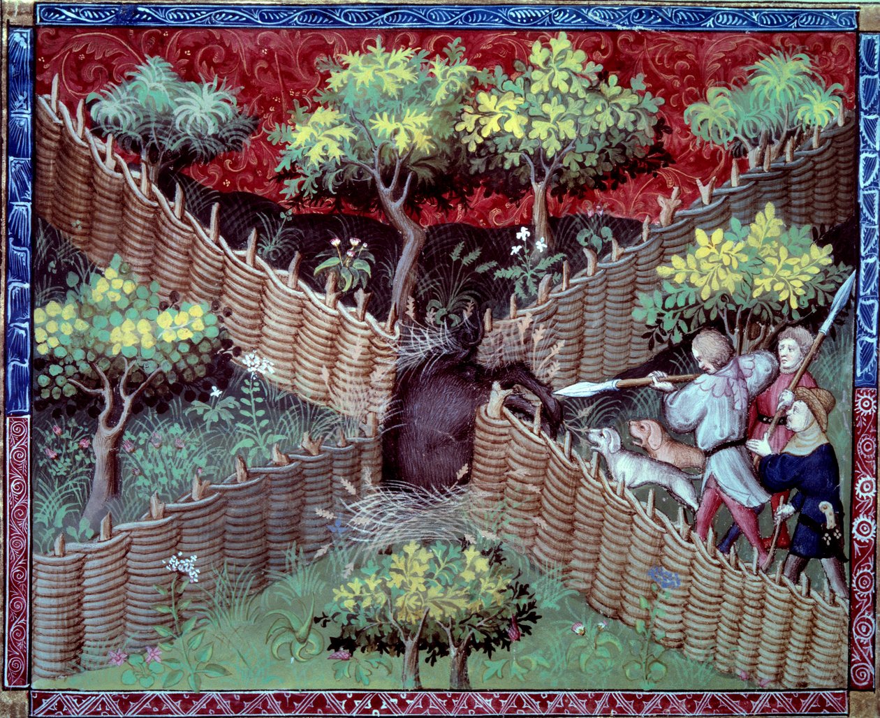 Gaston III Phoebus, Foixin kreivi, Bearnin herra (1331-1391) "Metsästyksen kirjasta" otettu miniatyyri villisian metsästys tekijältä French School