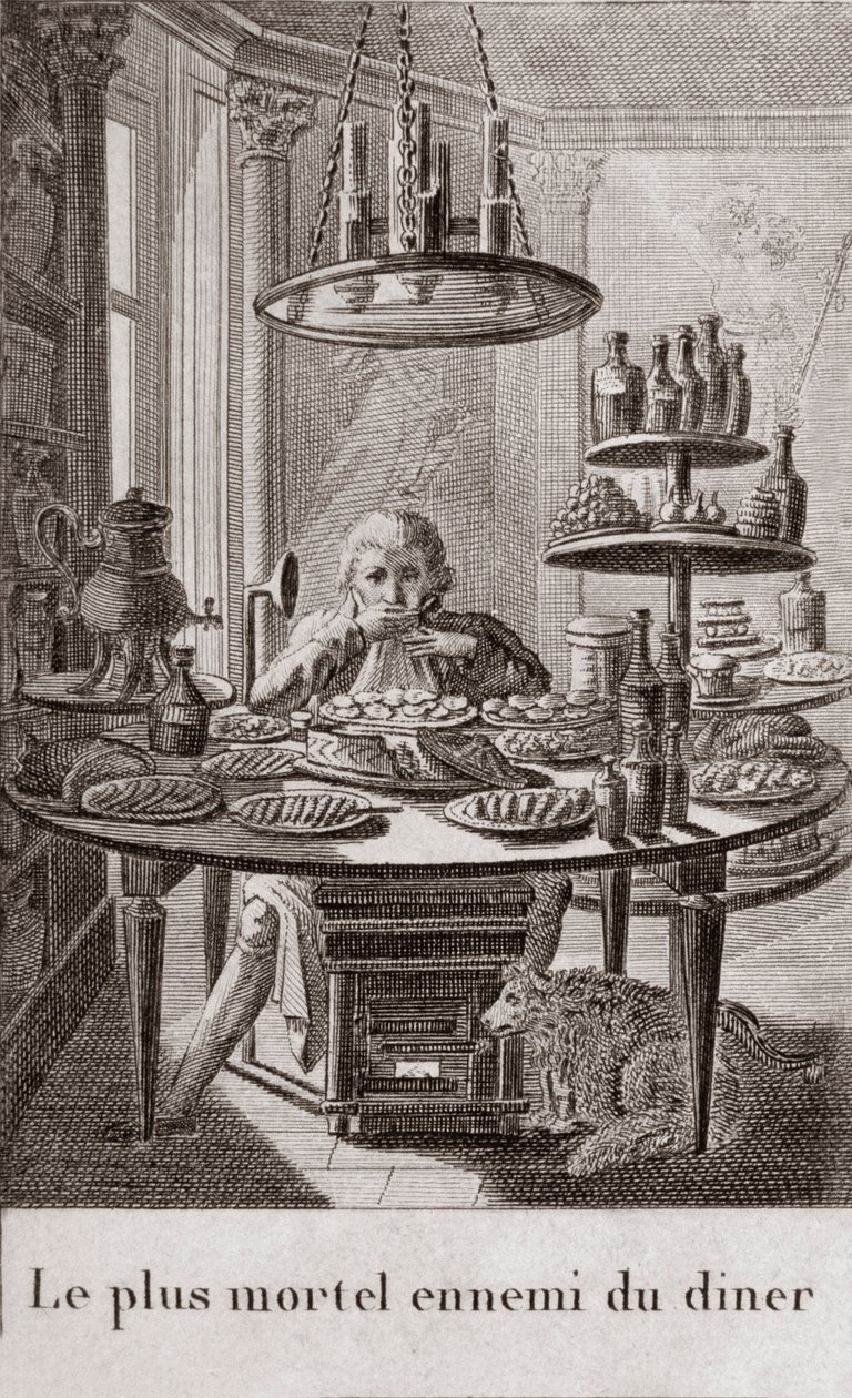 Illallisen tappavin vihollinen - kaiverrus “” gourmettien almanachiin, joka toimii oppaana erinomaisten rakkaiden tekemisessä. Vanhan amatöörin kirjoittama Alexandre Balthazar Laurent Grimod de la Reyniere - 1804-1812 tekijältä French School