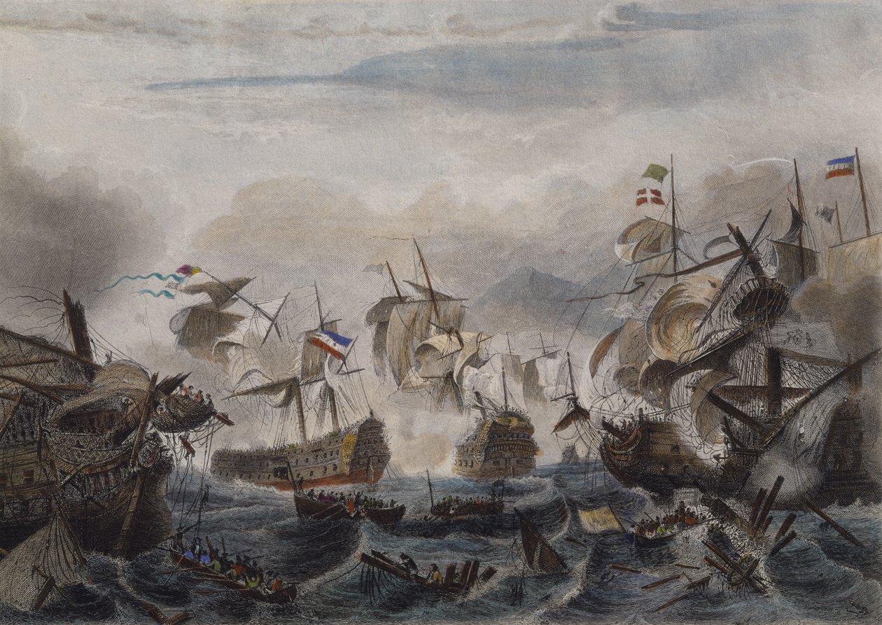 Cape La Hoguen meritaistelu vuonna 1692, kaivertanut Chavanne (värillinen etsaus) tekijältä French School