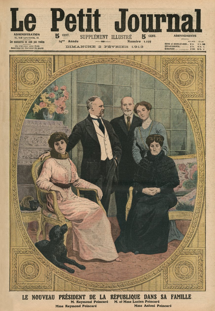 Ranskan tasavallan uusi presidentti Raymond Poincare perheineen, etukannen kuvitus "Le Petit Journalista", liitekuva, 2. helmikuuta 1913 tekijältä French School