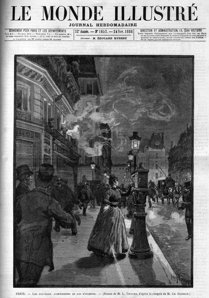 Uudet palovaroittimet Pariisissa vuonna 1888. Kansi "The Illustrous World" -julkaisusta vuodelta 1888. tekijältä French School