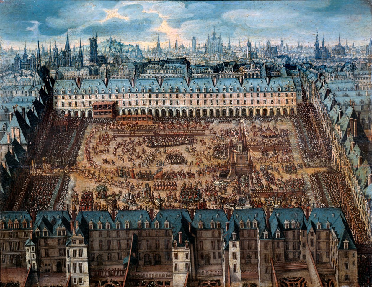 Romaani kunnian ritareista tai suuresta karusellista kuninkaallisella aukiolla huhtikuussa 1612 Ludvig XIII:n (1601-1643) ja Itävallan Annan häiden yhteydessä - Anonyymi maalaus. 1612 öljy puulle, aurinko. 0,41x0,52 m Pariisi, Musee Carnavalet - Grand Caro tekijältä French School
