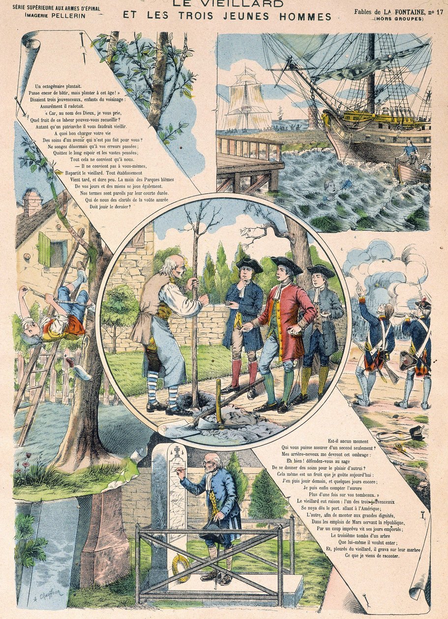 Vanha mies ja kolme nuorta miestä - Fables de La Fontaine Epinalin kuvissa tekijältä French School