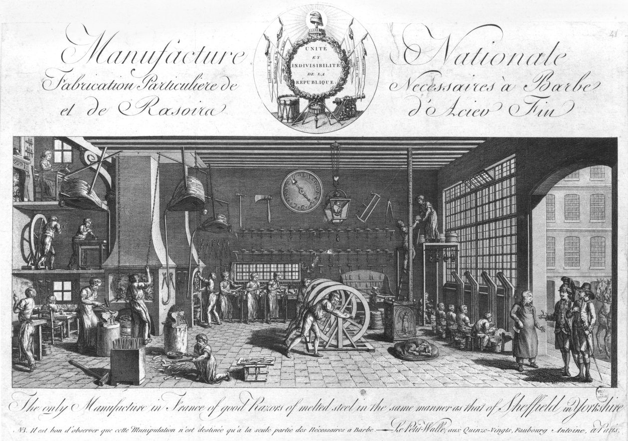 Ainoa Ranskassa sulatetusta teräksestä valmistettujen hyvien partaveitsien valmistus samaan tapaan kuin Sheffieldissä Englannissa, Yorkshire, 1700-luvun loppupuoli (ks. myös 248209). tekijältä French School