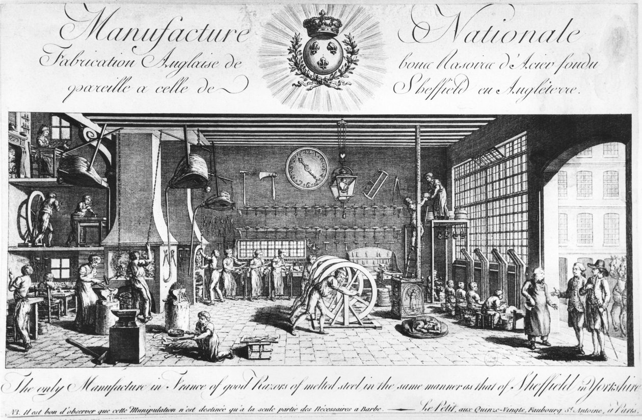 Ainoa valmistaa Ranskassa hyviä parranajokoneita sulatetusta teräksestä samalla tavalla kuin Sheffieldissä Englannissa, Yorkshiressa, 1700-luvun lopulla (katso myös 248212) tekijältä French School