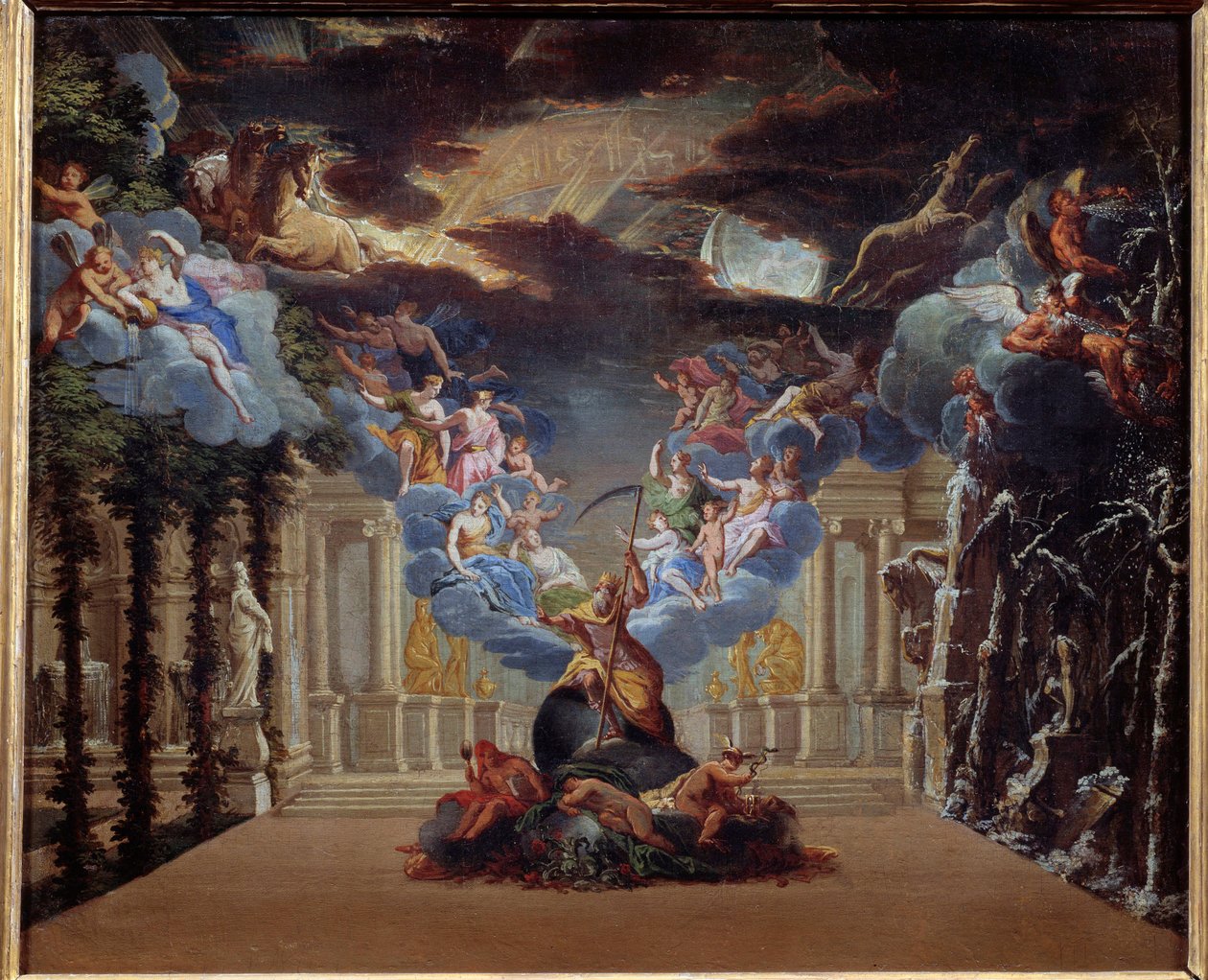 Ajan palatsi, vuonna 1676 luodun Jean Baptiste Lullyn (Giovanni Battista Lulli) (1632-1687) ”Atys”-prologin koristelu ovat edustettuina myhologisia hahmoja, kuten Mercury, Hermes. Anonyymi maalaus 1600-luvun ranskalaisesta koulusta. Pariisi tekijältä French School