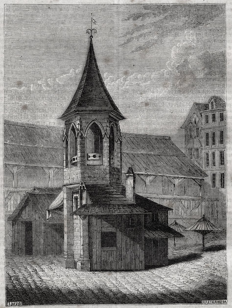 Hallien pilleri 1700-luvulla, rakennettu vanhalle viattomien hautausmaalle - Jacques Antoine Dulauren kaiverrus "Pariisin fyysinen, siviili- ja moraalinen historia: historiallisista ajoista nykypäivään" tekijältä French School