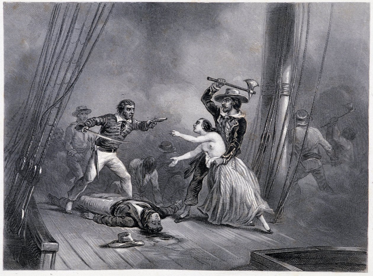 Merirosvo Morgan sieppaa kauniin espanjalaisen - E ja V Penaudin veljesten "General History of the Navy" -teoksessa. tekijältä French School