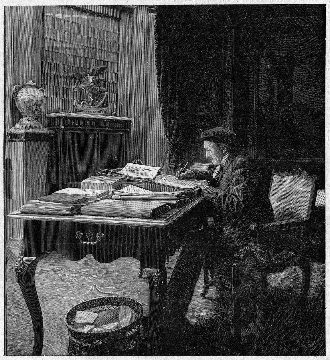 Näytelmäkirjailija Victorian Sardou (1831-1908) toimistossaan. Kaiverrus "La gazette du dimanche" -lehdessä 2. tammikuuta tekijältä French School