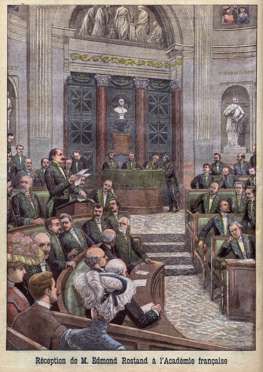 Runoilija ja näytelmäkirjailija Edmond Rostand vastaanotetaan Academy Francaiseen "Le Petit Journal" -lehdessä. tekijältä French School