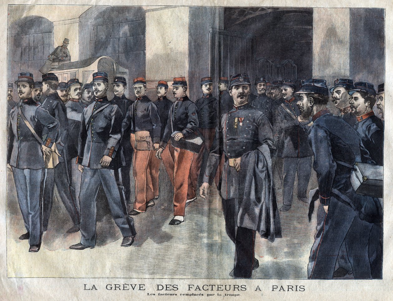 Postimiehet lakkoivat: sotilaita ja kunnallisia vartijoita syytetään kirjeiden jakelusta Pariisissa. Kaiverrus vuodelta 1899 kirjassa "" La petite Gironde"" tekijältä French School