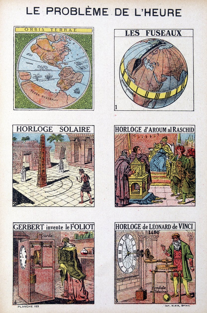 Ajan ongelma: Orbis Terrea, kara, aurinkokello, Aroum Al Racshidin kello, Gerbert keksii Foliotin, Leonardo da Vincin (Leonardo da Vinci) kellon - kaiverrus, deb. 20. vuosisata tekijältä French School