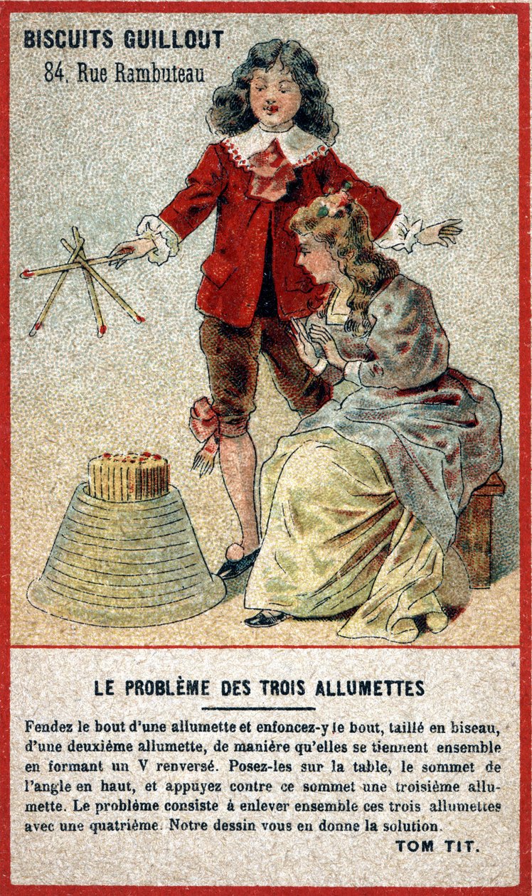 Kolmen ottelun ongelma: lasten kortti, joka tarjoaa pelin palapelin muodossa (arvaus). 1800-luvun kromolitografia. tekijältä French School