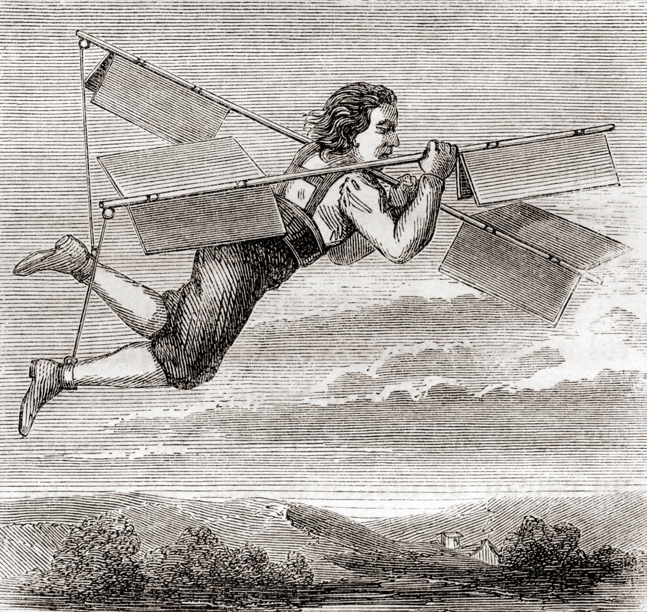 Ranskalaisen lukkosepän Jacob Besnierin väitetty lento itse suunnittelemansa lentolaitteen avulla vuonna 1678, julkaisusta "Les Merveilles de la Science", julkaistu noin vuonna 1870 (litografia). tekijältä French School