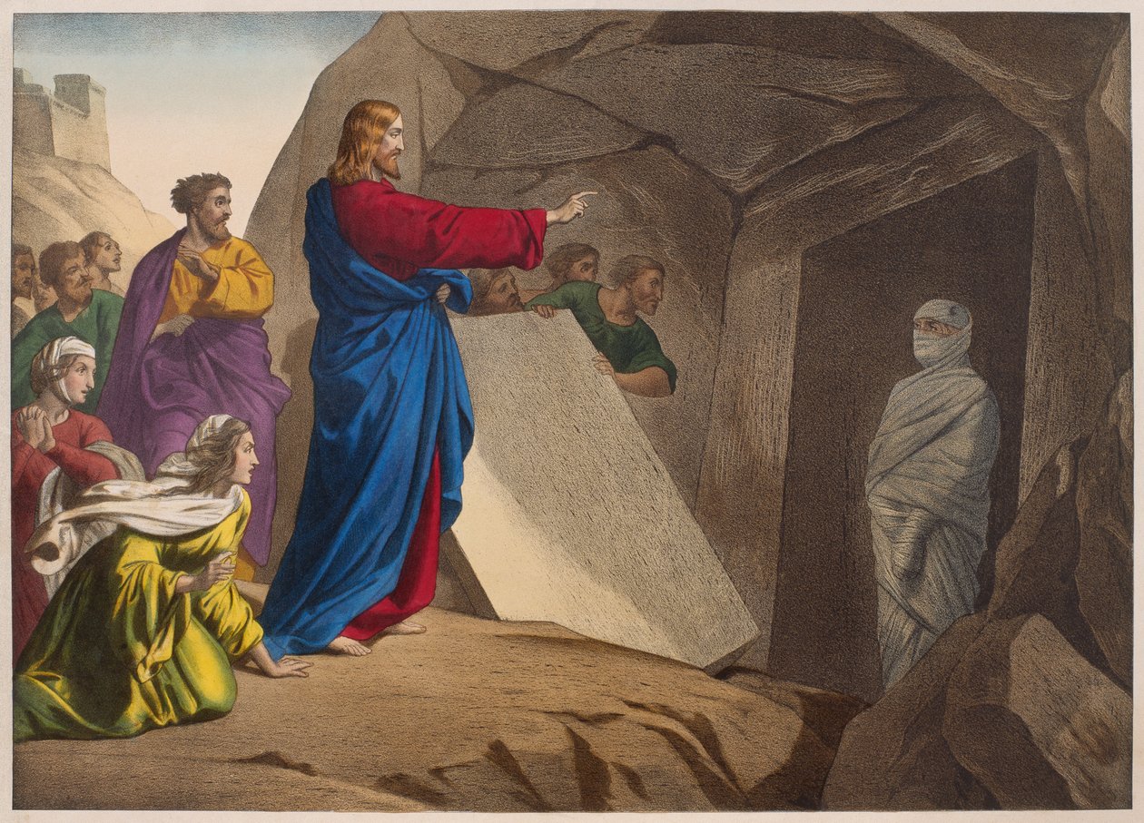 Lasaruksen herättäminen, kuvitus katekismuksesta LHistoire Sainte, julkaisija Charles Delagrave, Pariisi, 1800-luvun loppu tekijältä French School