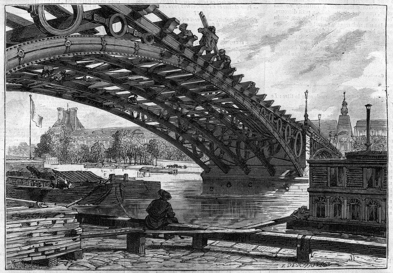 Heijastus Saints Peres -sillan (Pont du Carrousel) kannen kannesta vuonna 1883 (Saints-Peres) - kaiverrus "" Le journal illustrious"" tekijältä French School
