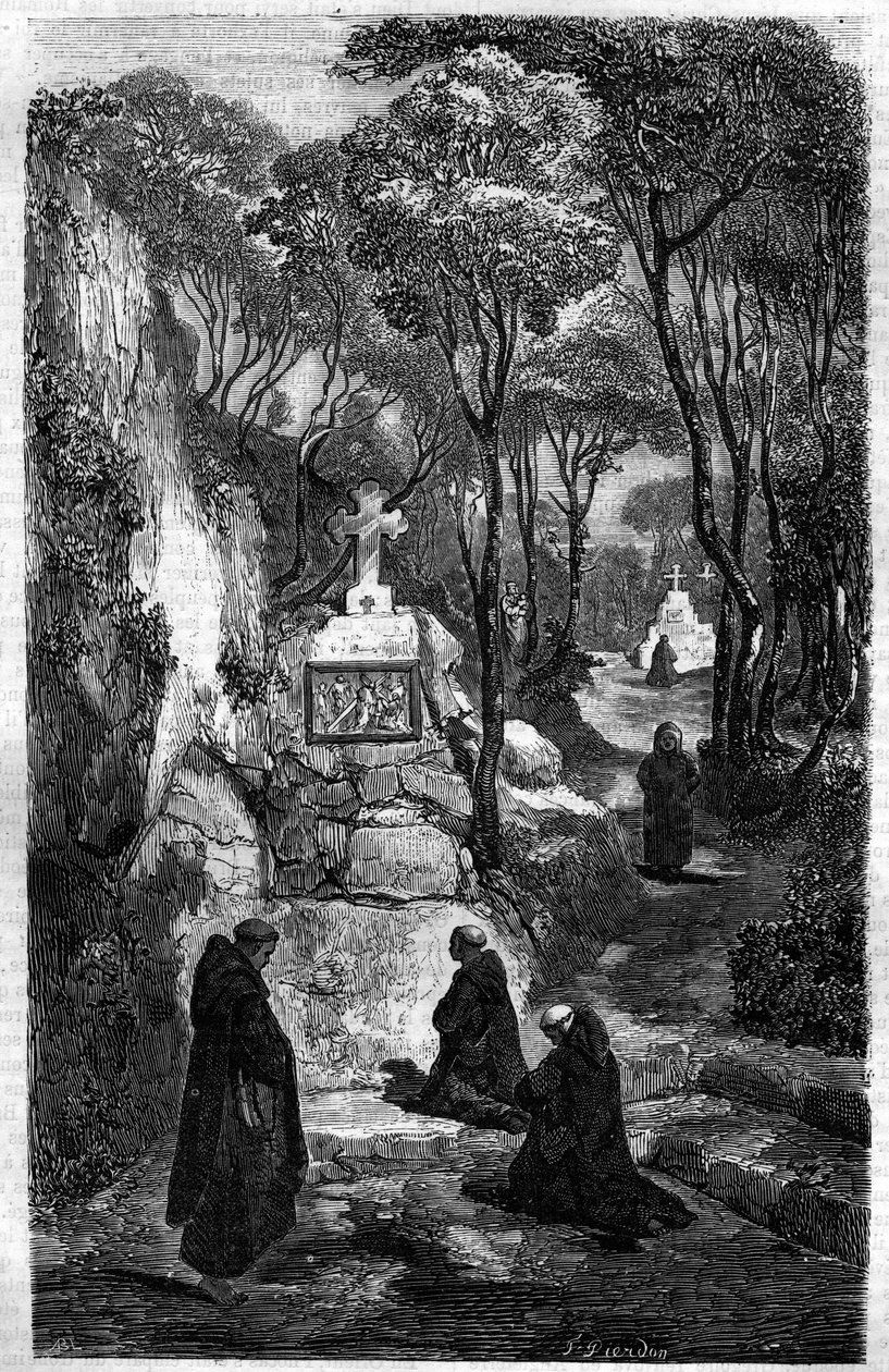 Pyhän Benoitin uskonnollinen (Saint Benoit) rukouksessa. Kaiverrus Maurice Lachatren teokseen "Paavien-kuninkaiden-kuningattaren ja keisarien historia vuosisatojen ajan" tekijältä French School