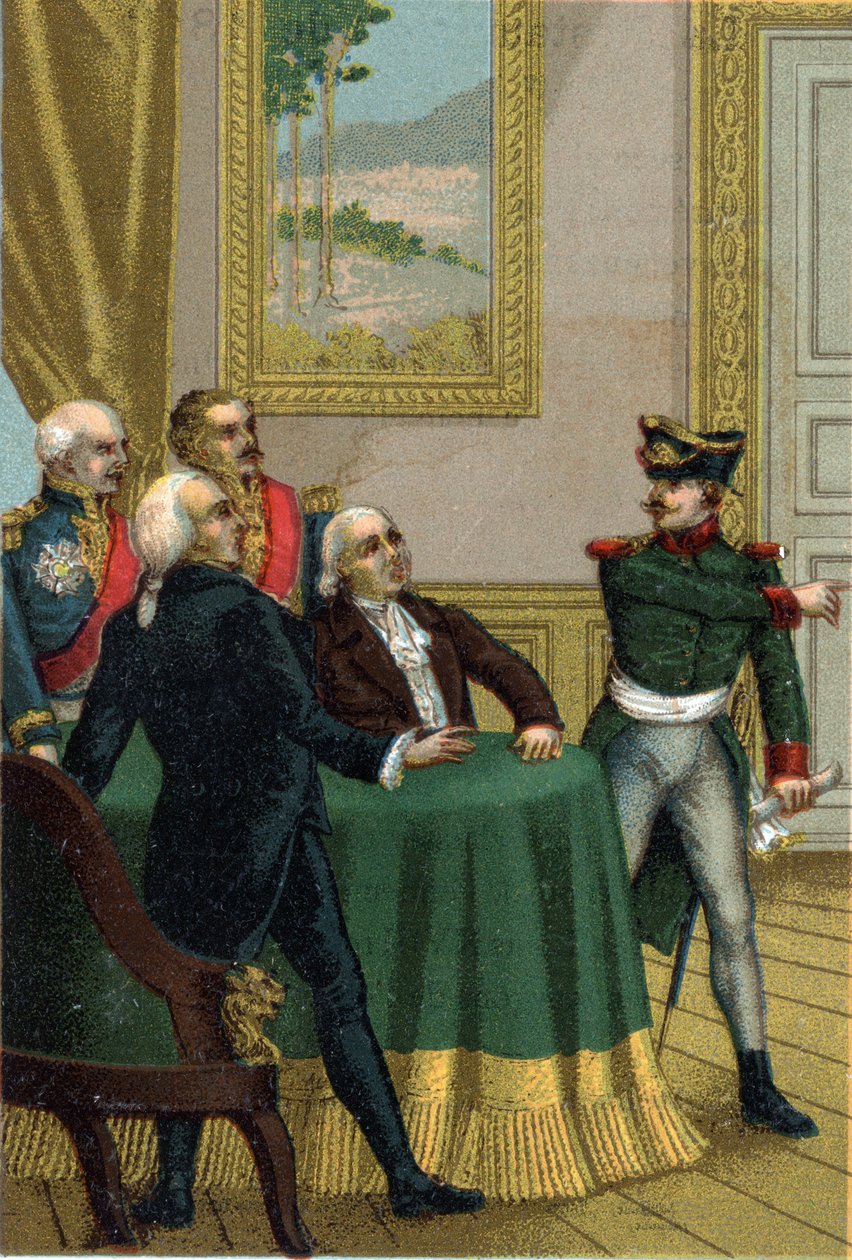 Vuoden 1815 entisöinti: Napoleon I:n poliisiministeri Joseph Fouche vietti preussilaisen upseerin huoneeseen, jossa kuningas Ludvig XVIII:n johtama väliaikaisen hallituksen komissio 7. heinäkuuta 1815. tekijältä French School