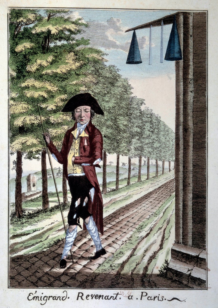 Erään siirtolaisen paluu Ranskan vallankumouksen päättyessä. Aatelinen revittyjä vaatteita, joka pakeni kaupungista vallankumouksen aikana. Kaiverrus 1800-luvun Pariisista, Musee Carnavalet