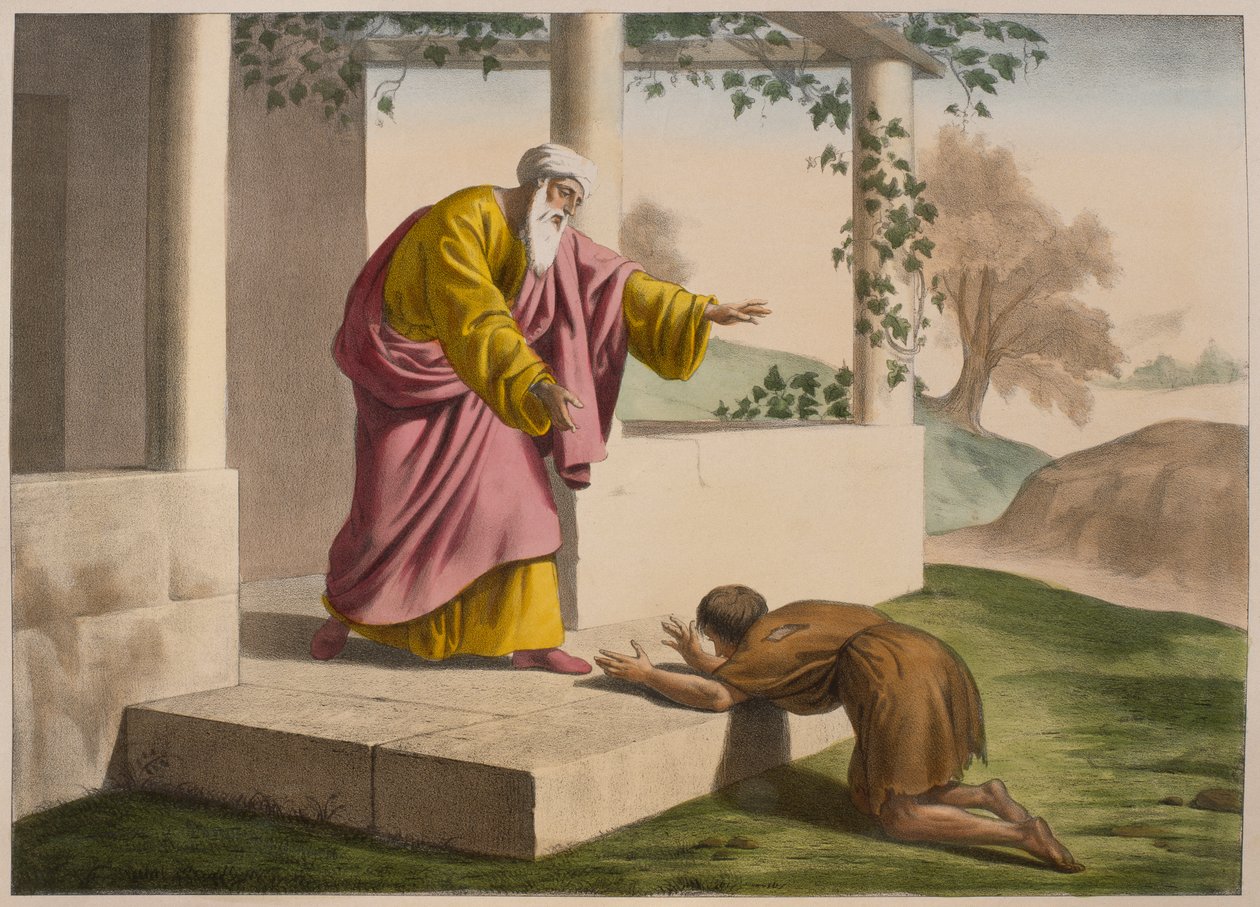 Tuhlaajapojan paluu, kuvitus katekismuksesta LHistoire Sainte, julkaisija Charles Delagrave, Pariisi, 1800-luvun loppu tekijältä French School