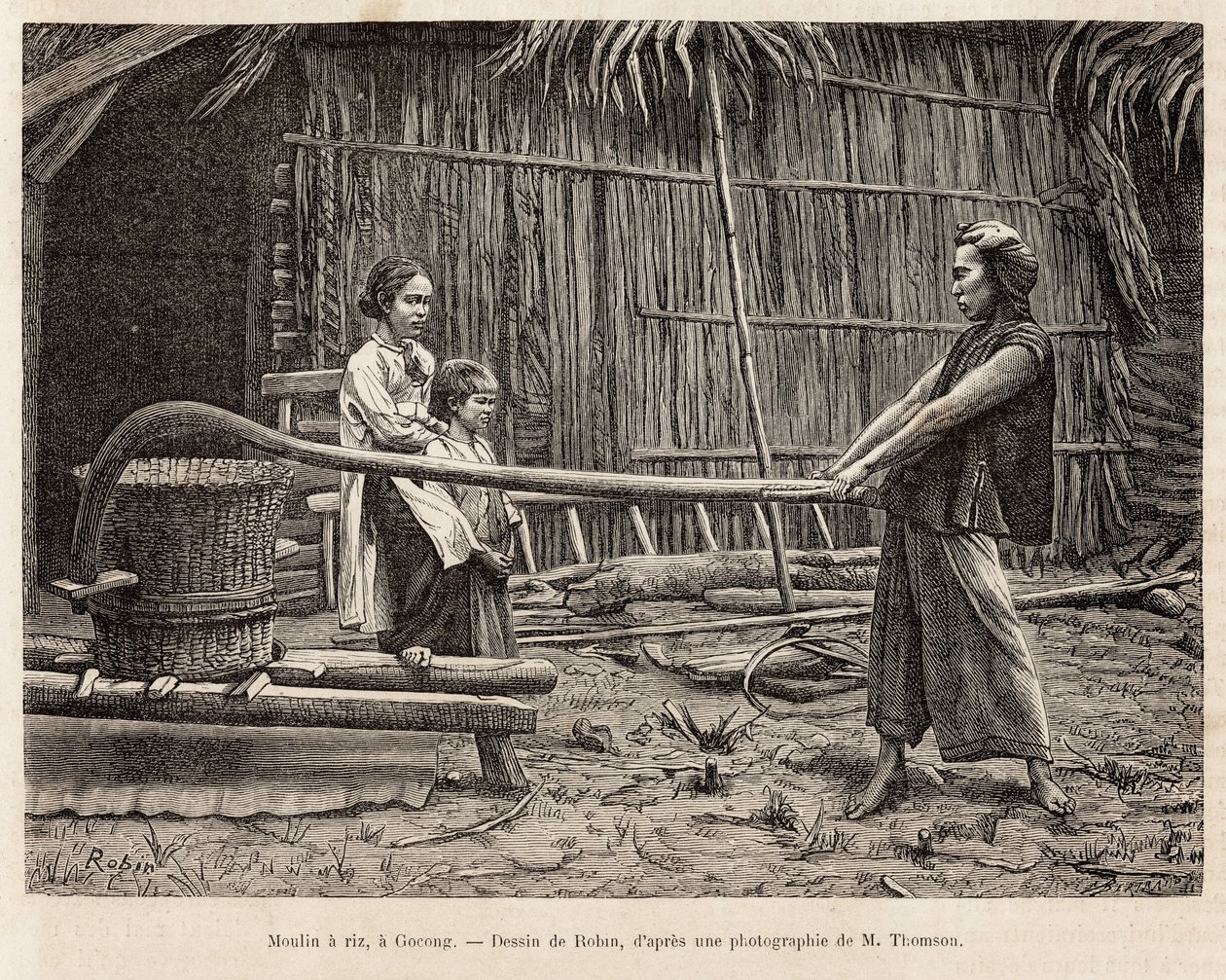 Riisimylly, maanviljelijän talon edessä Gocongissa, kaiverrus Robinin piirustuksen jälkeen, joka havainnollistaa matkaa Cochinchineen, tohtori Morice, vuonna 1872, julkaistu "" Le tour du monde""" 1875, toimittanut Edouard Charton, Hachette-painos, Pariisi tekijältä French School