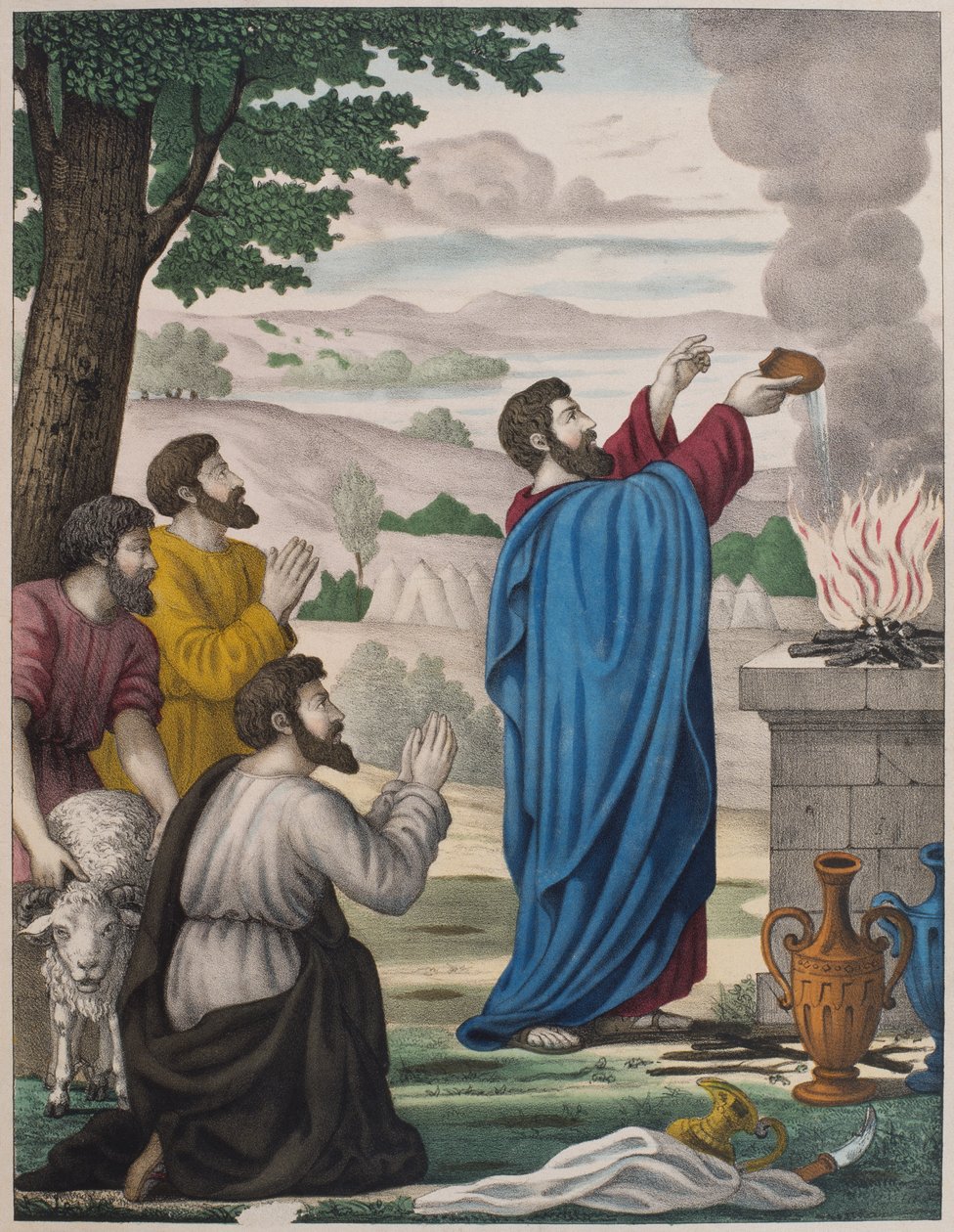 Elian ja Baalin pappien kilpailevat uhrit, kuvitus katekismuksesta LHistoire Sainte, julkaissut Charles Delagrave, Pariisi, 1800-luvun lopulla tekijältä French School