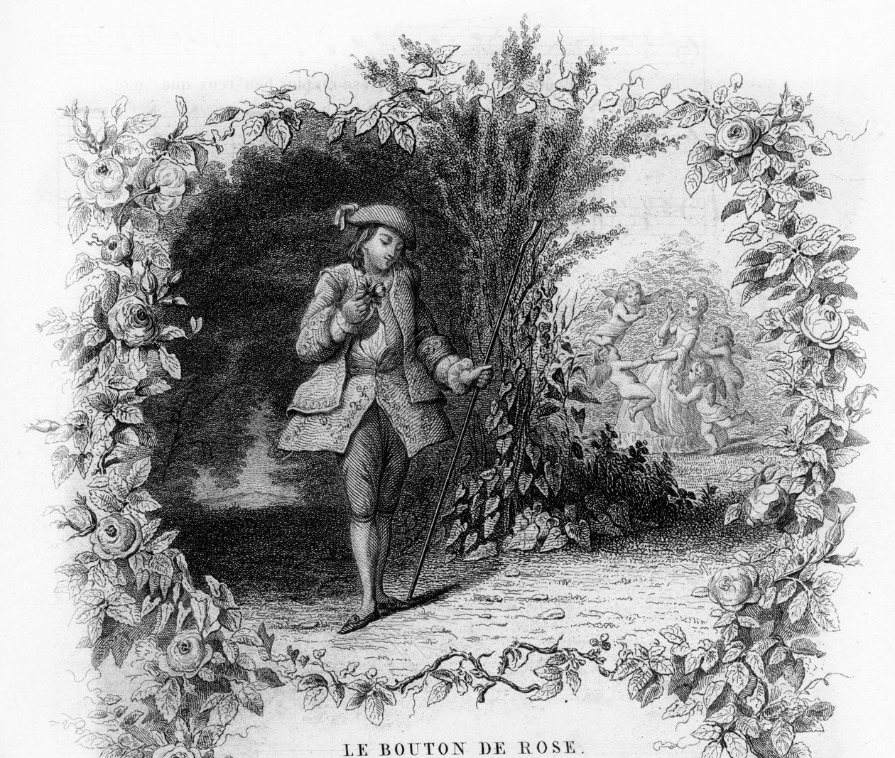 Ruusu nappi. Yksinäinen ja romanttinen nuori mies puutarhassa, jonka alaosassa nuorta naista ympäröi amor. Kaiverrus "" Chants et chansons populaire de la France"", Tome 2 tekijältä French School