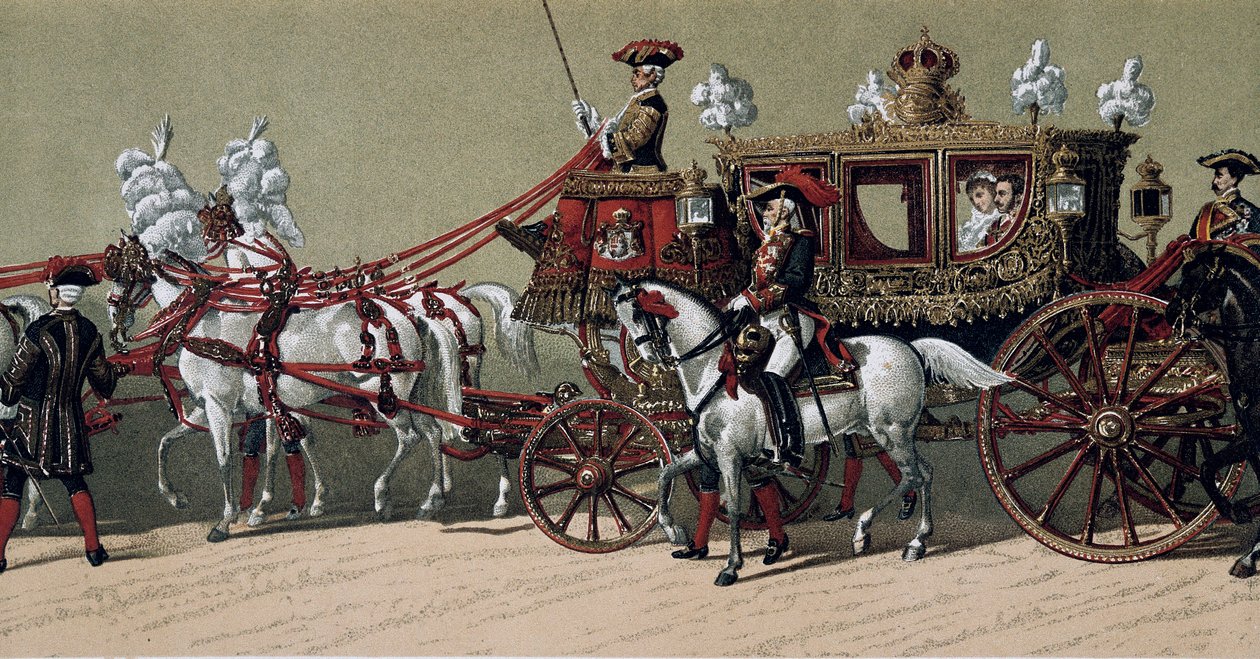 Kuninkaallinen kortege Espanjan kuninkaan Alfonso XII:n (1857-1885) ja Marie Christine de Teschenin (1858-1929) avioliitossa vuonna 1879 (maalaus) tekijältä French School