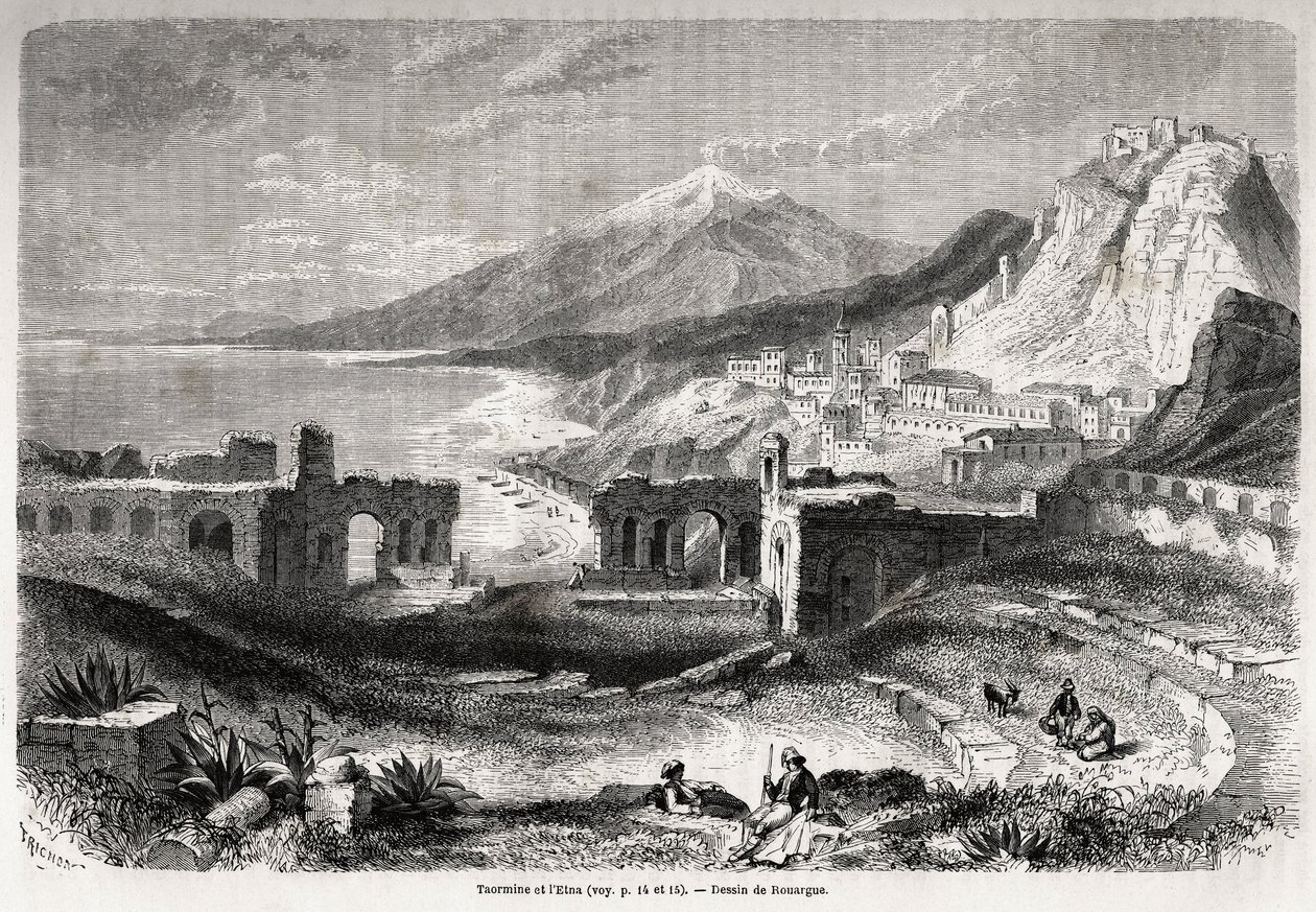Muinaisen Taorminan teatterin (Tauromeniumin) rauniot Taurus-vuoren juurella, näkymät nykyaikaiseen Giardinin kylään ja Etnaan, Adolphe Rouarguen (1810-187?) ja Emile Rouarguen (n. 1795-1865) piirustukset Felixin havainnollistamiseksi. Bourquelotin matka tekijältä French School