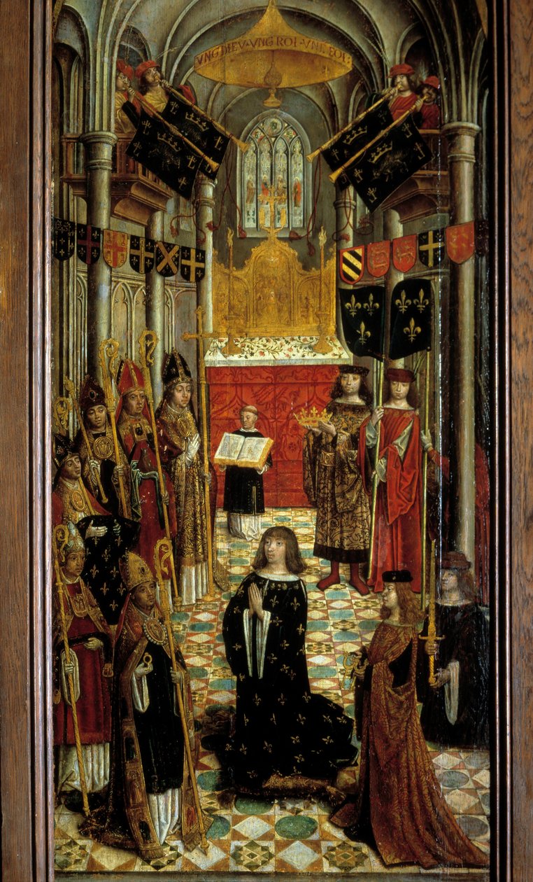 Ludvig XII:n (1462-1515) pyhä Reimsin katedraalissa 27. toukokuuta 1498 1500-luvun ranskalaisen koulukunnan puumaalaus. 1501. Dim. 1,95x0,5 m. Pariisi, Keskiajan kansallismuseo, Thermes de Cluny tekijältä French School