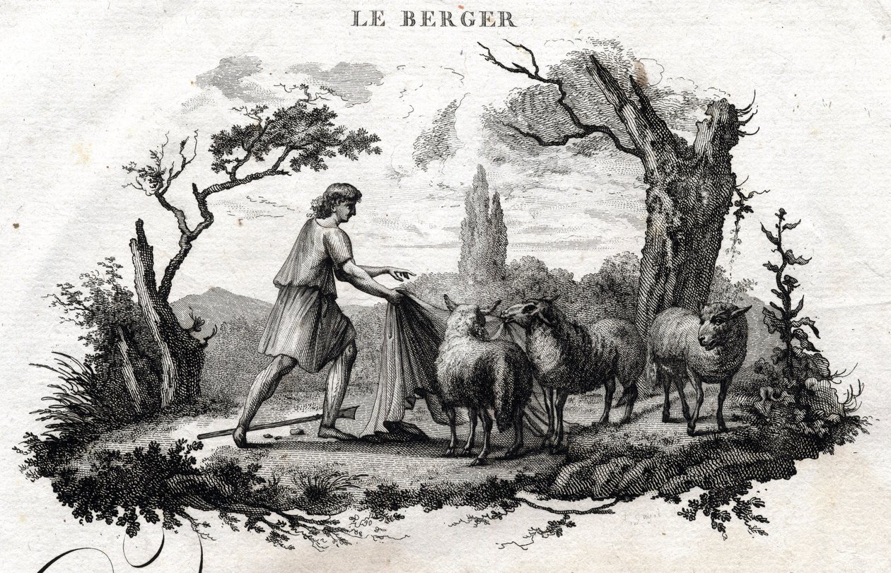Paimen. Fable of Esope. (Kreikkalainen kirjailija Esopo tai Ecopus, 6. vuosisata eKr.) Kirjoittanut Guillaume Montfort ja Gravees Beauble vuonna 1801. tekijältä French School