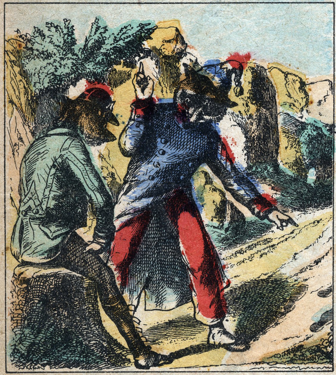 Sairas leijona ja kettu. Jean de La Fontainen (1621-95) sadut. Epinaalikuvaus 1800-luvun lopulta. tekijältä French School