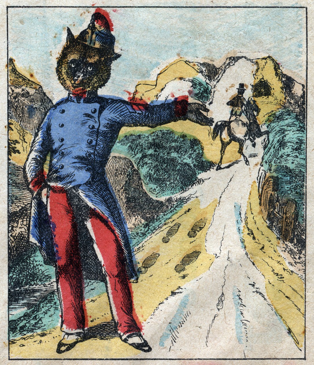 Sairas leijona ja kettu. Jean de La Fontainen (1621-95) sadut. Epinaalikuvaus 1800-luvun lopulta. tekijältä French School